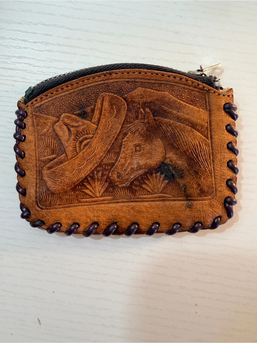Vintage Hand-Tooled Leather Coin Pouch with Horse & Cowboy Hat - Brown